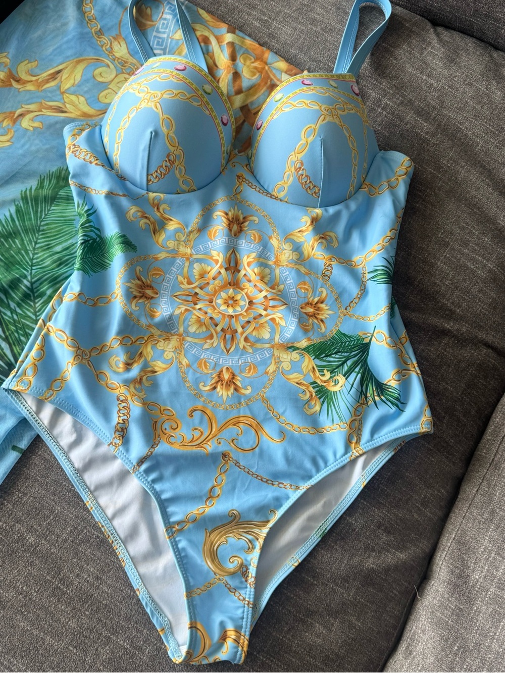 Blue & Gold Patterned Kids One-Piece Swimsuit